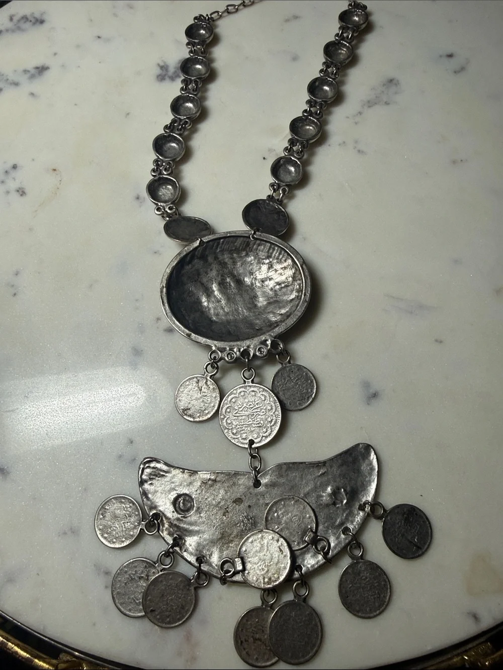 Antique-Style Silver Floral Coin Pendant Necklace - Women Jewelry